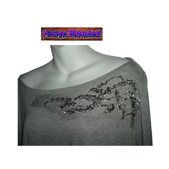 Young Fabulous & Broke Blouse Heathered Gray Jewel Neckline Bling Modal OSFA NWT - Picture 5 of 9
